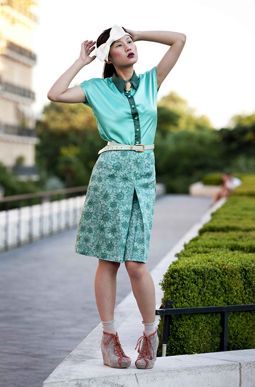 Green skirt and flowers shirt